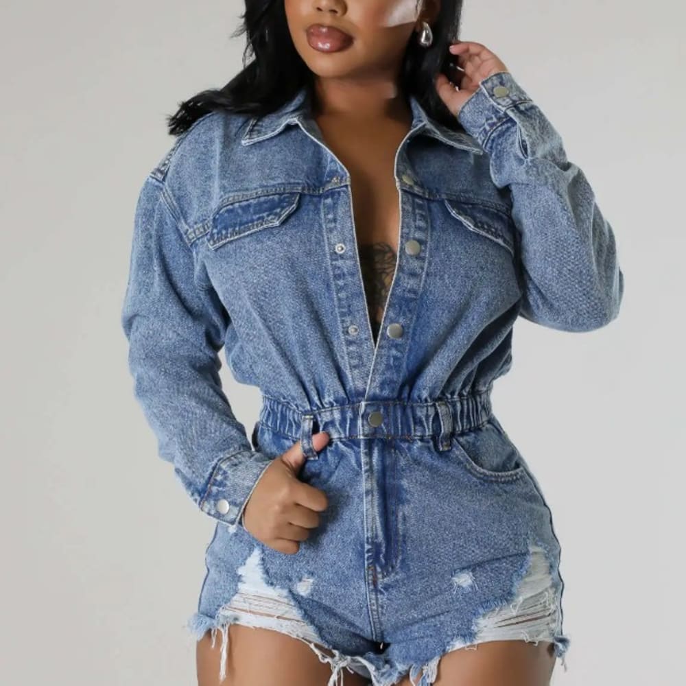 High Elastic Broken Hole Denim Playsuit Romper - Sexy Button V Neck Long Sleeve Jumpsuit